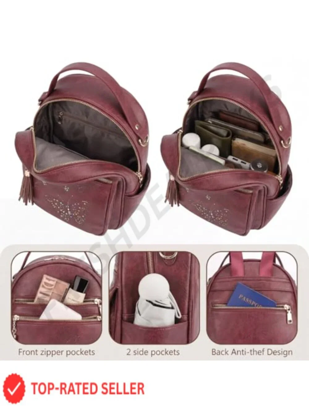 Women's PU Leather Butterfly Mini Backpack Purse - Waterproof Fashion Daypack